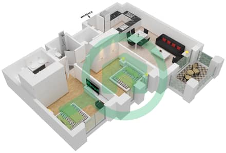 المخططات الطابقية لتصميم النموذج / الوحدة A1/106-206-306-406-506 شقة 2 غرفة نوم - بناية لماع 2