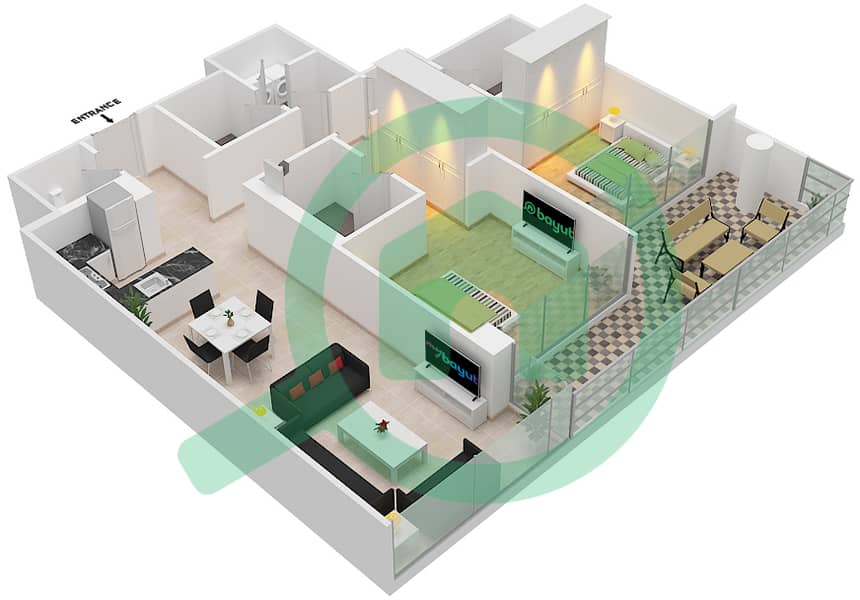 المخططات الطابقية لتصميم النموذج R POOL DECK شقة 2 غرفة نوم - لوريتو 2B Pool Deck interactive3D
