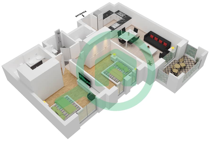 المخططات الطابقية لتصميم النموذج / الوحدة A1/704-804 شقة 2 غرفة نوم - بناية لماع 2 Floor 7-8 interactive3D