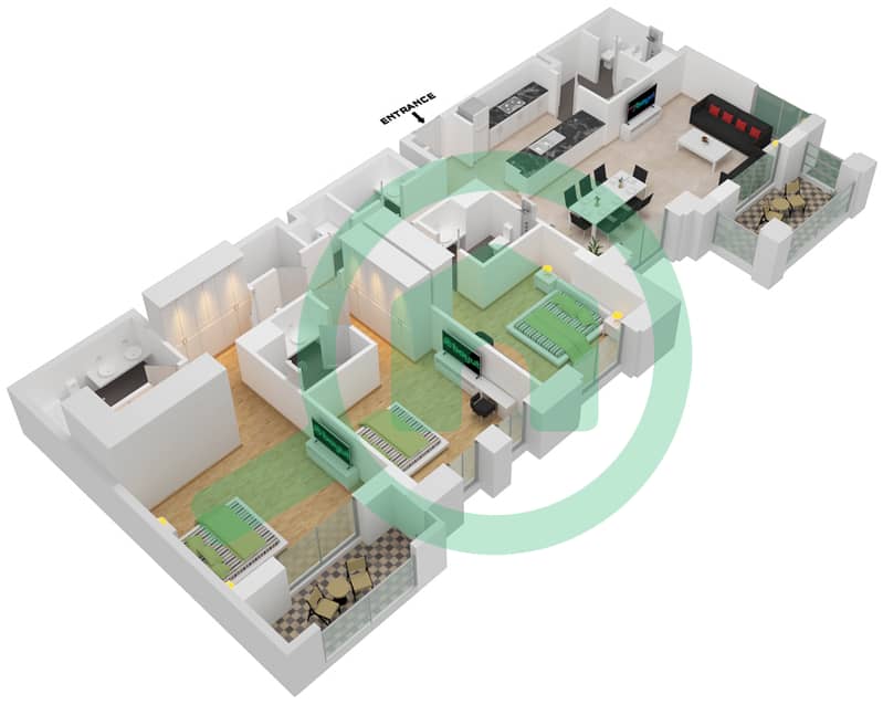 المخططات الطابقية لتصميم النموذج / الوحدة A3/709 شقة 3 غرف نوم - بناية لماع 2 Floor-7 interactive3D