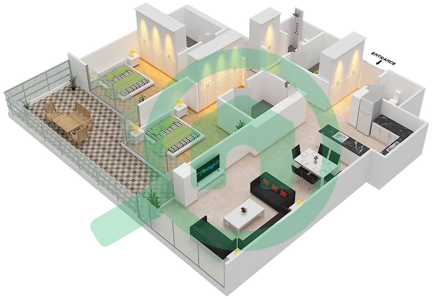 المخططات الطابقية لتصميم الوحدة 11  FLOOR 6 شقة 2 غرفة نوم - لوريتو 2B Floor 6 interactive3D