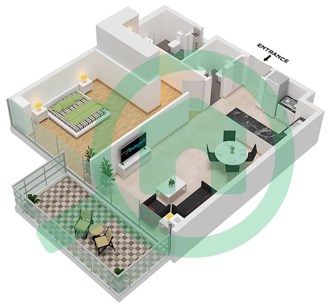 المخططات الطابقية لتصميم النموذج 1-A FLOOR 1-7 شقة 1 غرفة نوم - أماليا ريزيدنس interactive3D