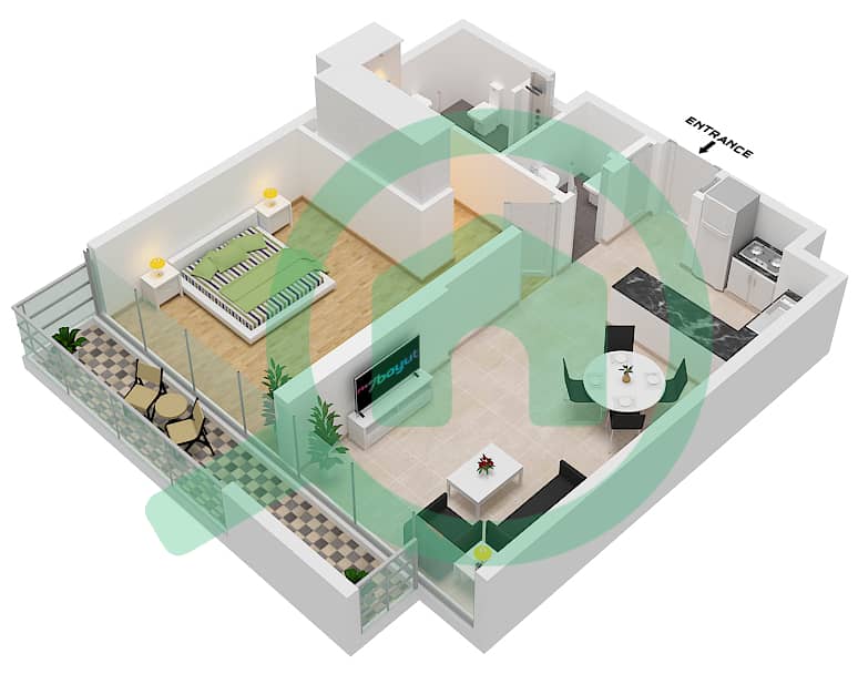 المخططات الطابقية لتصميم النموذج 1-D FLOOR 1-7 شقة 1 غرفة نوم - أماليا ريزيدنس interactive3D