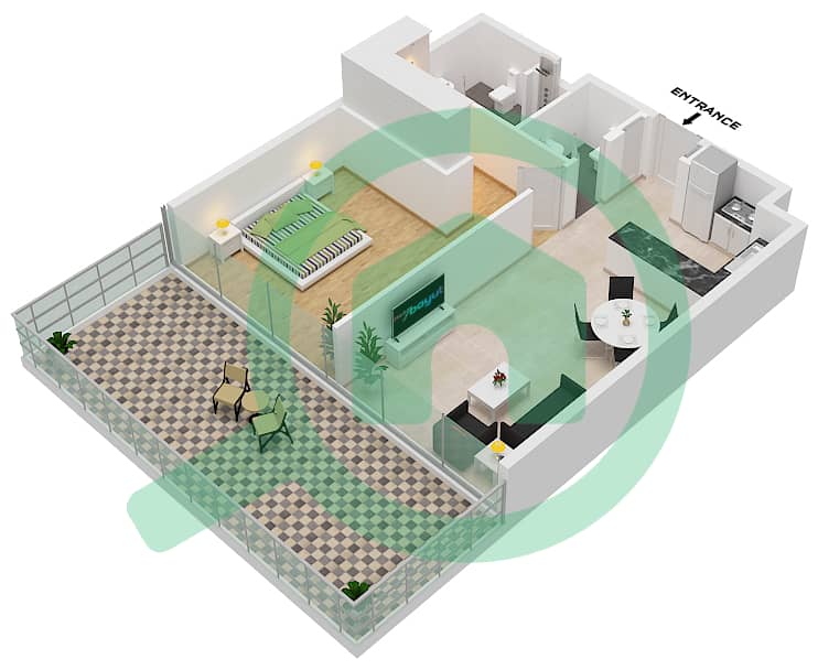 المخططات الطابقية لتصميم النموذج 1-T3 FLOOR 1-7 شقة 1 غرفة نوم - أماليا ريزيدنس interactive3D