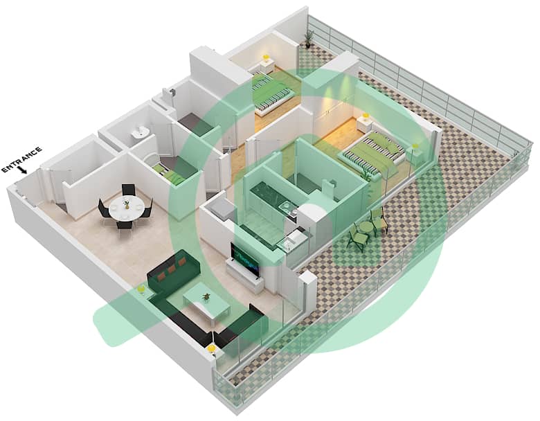 المخططات الطابقية لتصميم النموذج 1-AT FLOOR 1-7 شقة 2 غرفة نوم - أماليا ريزيدنس interactive3D