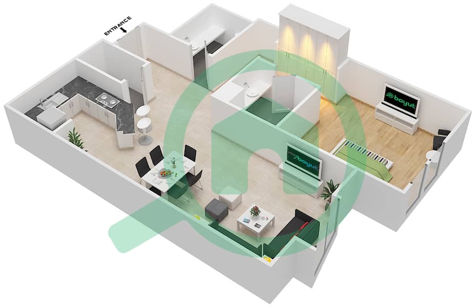 181号楼 - 1 卧室公寓类型U戶型图 interactive3D