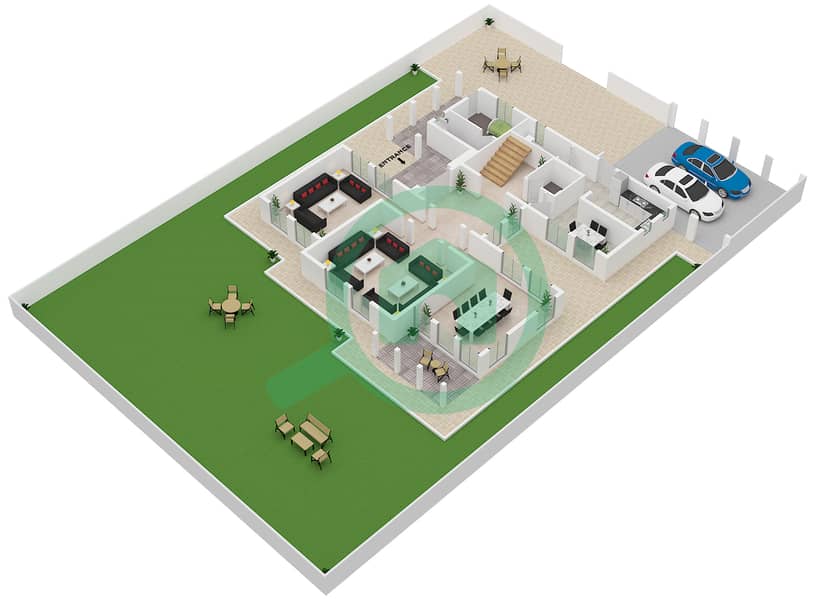 المخططات الطابقية لتصميم النموذج E2 فیلا 4 غرف نوم - السهول 5 Ground Floor interactive3D