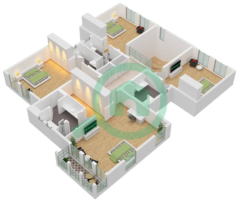 芳草青青5号 - 4 卧室别墅类型E2戶型图 First Floor interactive3D
