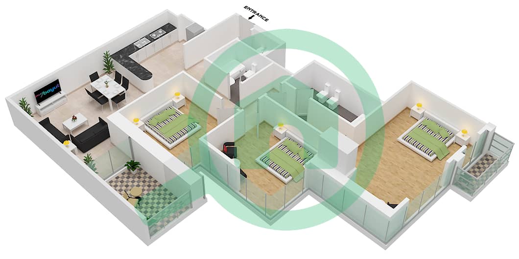 Марина Пиннакл - Апартамент 3 Cпальни планировка Единица измерения 4 interactive3D