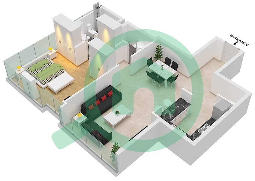 C1塔 - 1 卧室公寓类型D戶型图 interactive3D