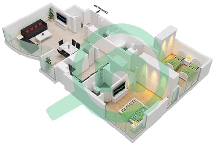 المخططات الطابقية لتصميم النموذج F شقة 2 غرفة نوم - تاور C1