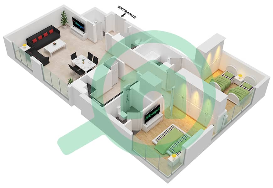 Тауэр С1 - Апартамент 2 Cпальни планировка Тип C interactive3D