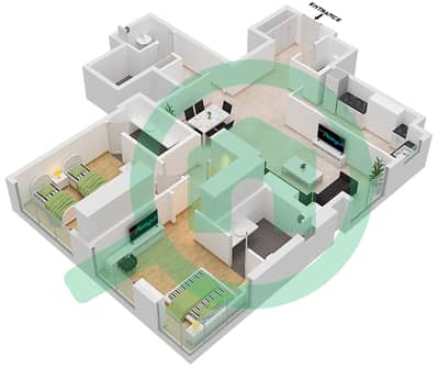 المخططات الطابقية لتصميم النموذج D1 شقة 2 غرفة نوم - تاور C1