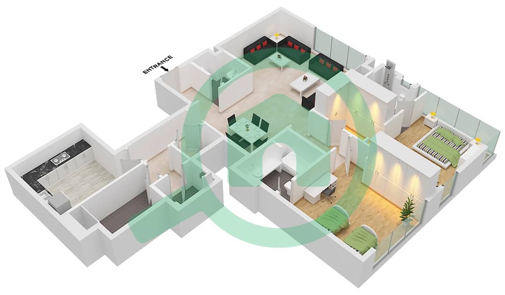 C1塔 - 2 卧室公寓类型A1戶型图 interactive3D
