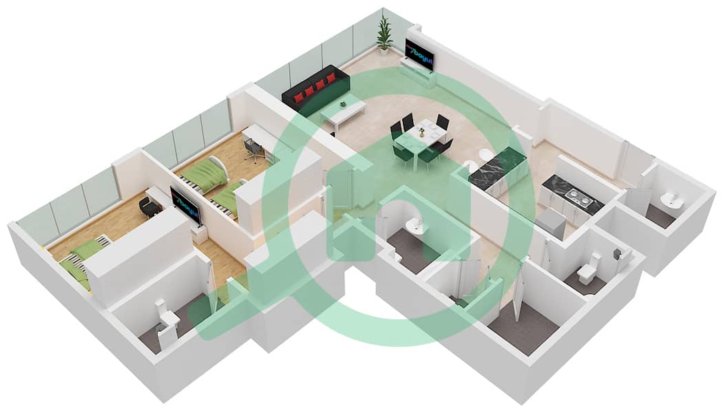 C1塔 - 2 卧室公寓类型B戶型图 interactive3D