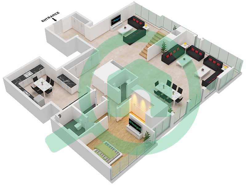 C1塔 - 4 卧室公寓类型A戶型图 Lower Floor interactive3D