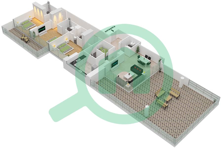 المخططات الطابقية لتصميم الوحدة 02  FLOOR 9 شقة 3 غرف نوم - لوريتو 2B Floor 9 interactive3D