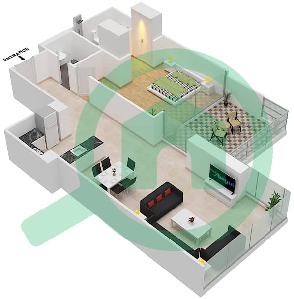 Лорето 2Б - Апартамент 1 Спальня планировка Единица измерения 03  FLOOR 9 Floor 9 interactive3D