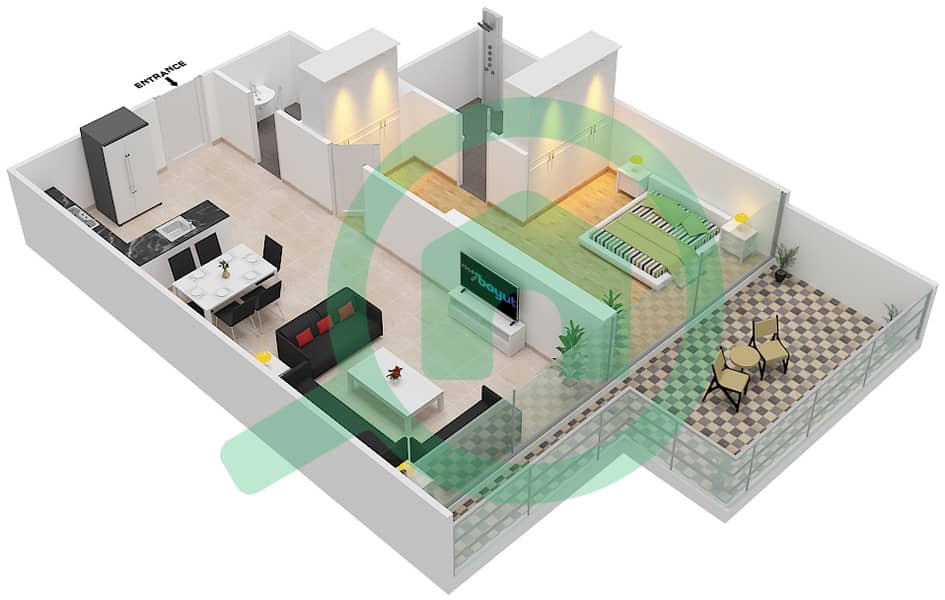المخططات الطابقية لتصميم الوحدة 07B  FLOOR 9 شقة 1 غرفة نوم - لوريتو 2B Floor 9 interactive3D