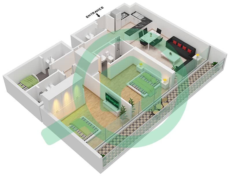 المخططات الطابقية لتصميم النموذج 2 FLOOR 1-7 شقة 2 غرفة نوم - أماليا ريزيدنس interactive3D