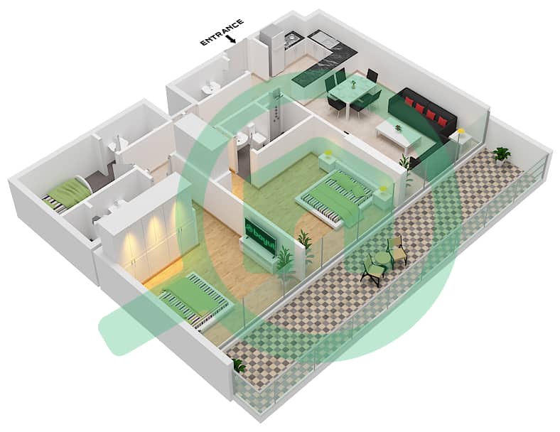 Amalia Residences - 2 Bedroom Apartment Type 2-T1 FLOOR 1-7 Floor plan interactive3D