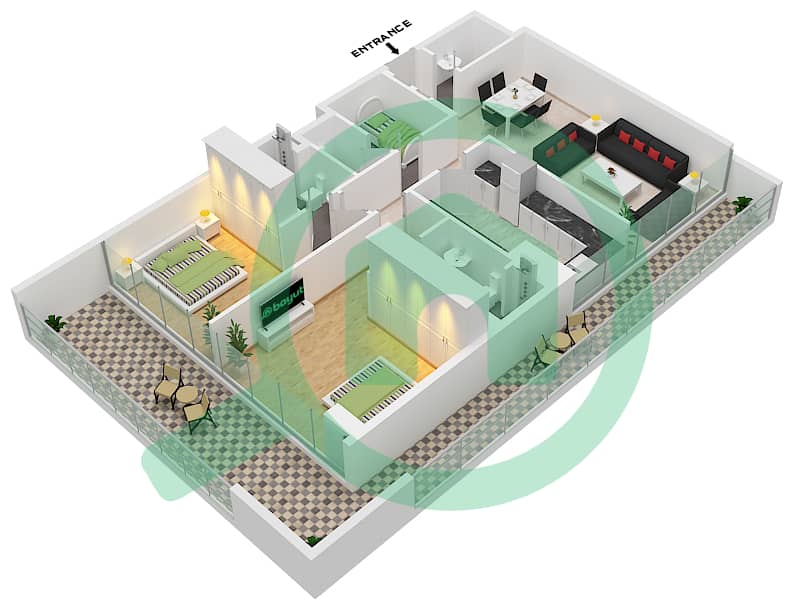 المخططات الطابقية لتصميم النموذج 3 FLOOR 1-7 شقة 2 غرفة نوم - أماليا ريزيدنس interactive3D