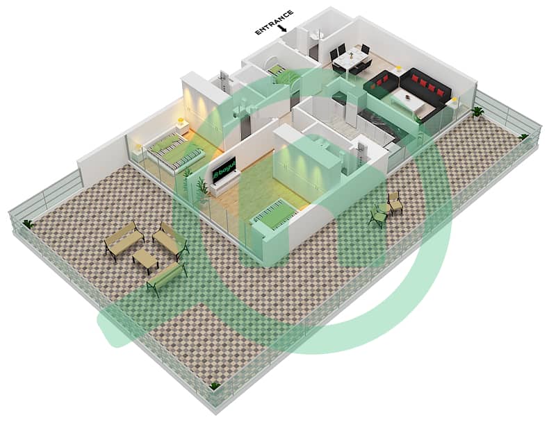 Амалия Резиденс - Апартамент 2 Cпальни планировка Тип 3-T FLOOR 1-7 interactive3D
