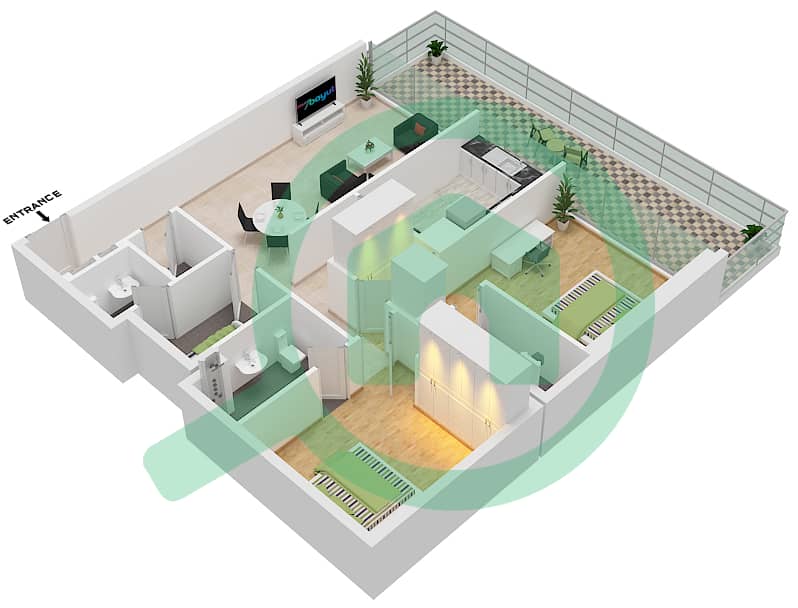 المخططات الطابقية لتصميم النموذج 5 FLOOR 1-7 شقة 2 غرفة نوم - أماليا ريزيدنس interactive3D