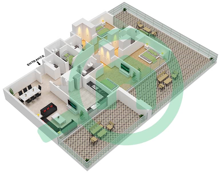 المخططات الطابقية لتصميم النموذج 1 FLOOR 1-07 شقة 3 غرف نوم - أماليا ريزيدنس interactive3D