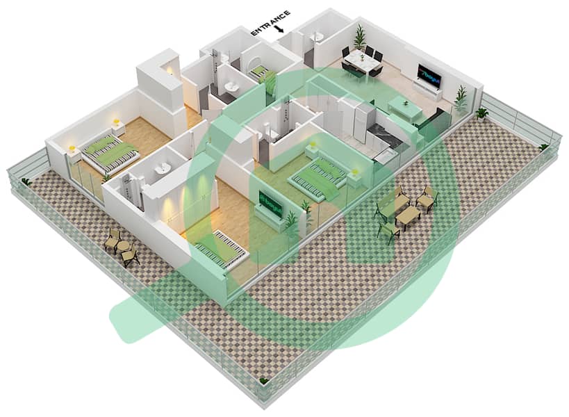 阿玛利亚公馆 - 3 卧室公寓类型02 FLOOR 1-7戶型图 interactive3D
