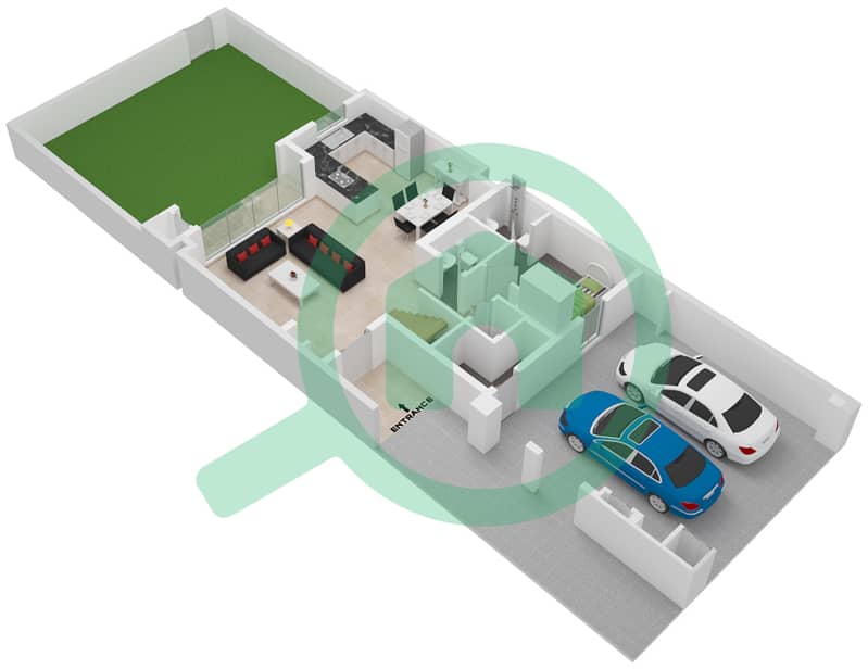 المخططات الطابقية لتصميم النموذج 1A تاون هاوس 3 غرف نوم - ريم  تاون هاوسز Ground Floor interactive3D