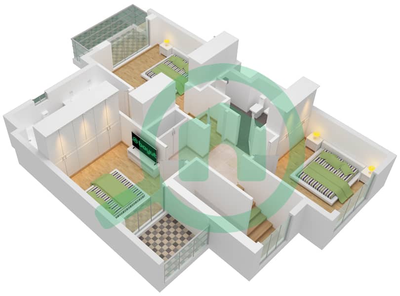 里姆联排别墅 - 3 卧室联排别墅类型1 B戶型图 First Floor interactive3D