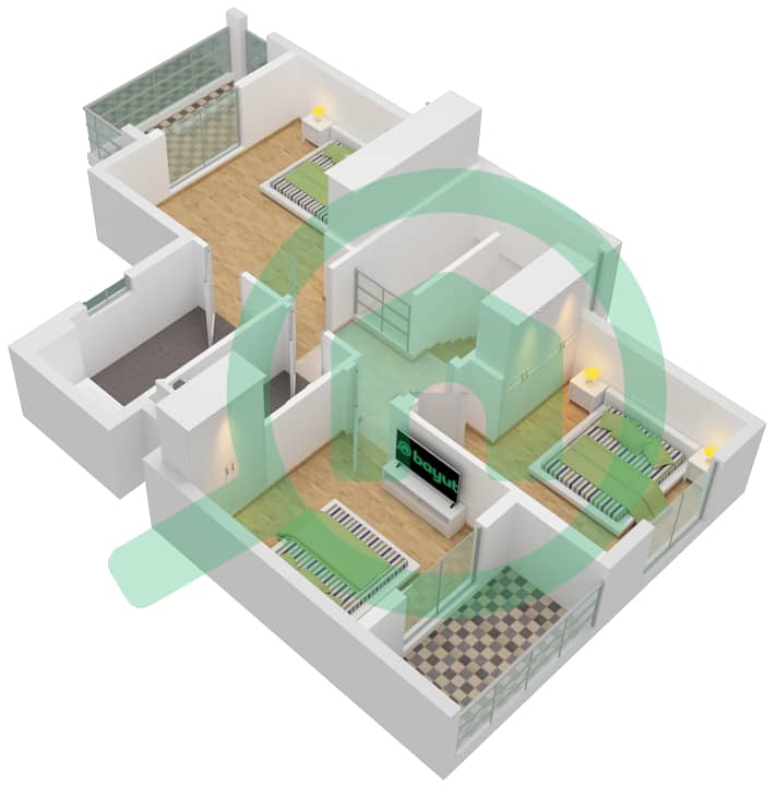 المخططات الطابقية لتصميم النموذج 2A تاون هاوس 3 غرف نوم - ريم  تاون هاوسز First Floor interactive3D
