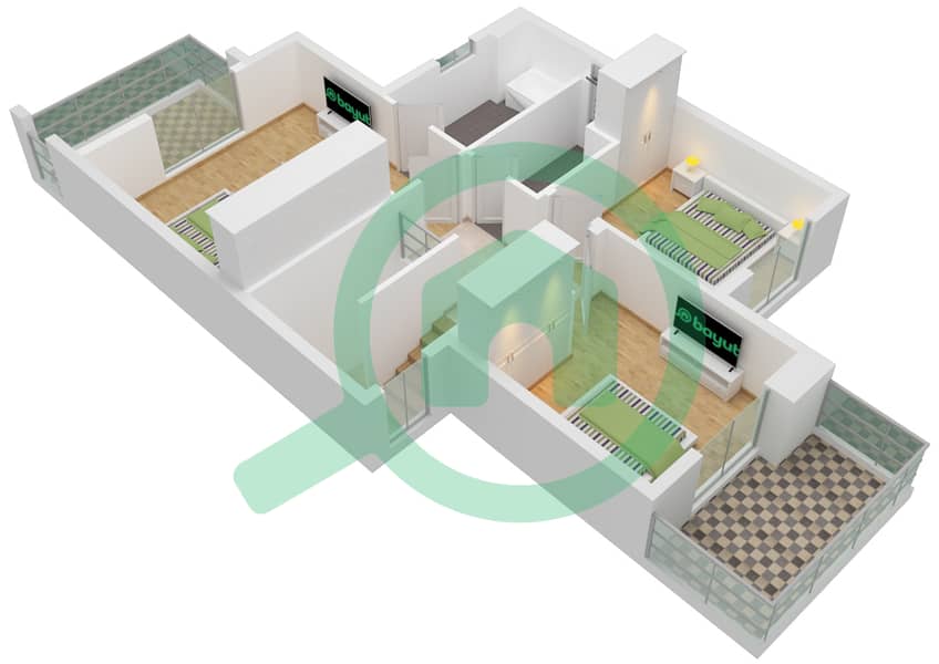 里姆联排别墅 - 3 卧室联排别墅类型2B戶型图 First Floor interactive3D