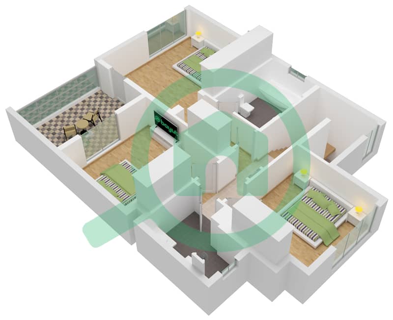 Reem Townhouses - 4 Bedroom Townhouse Type 3A Floor plan First Floor interactive3D