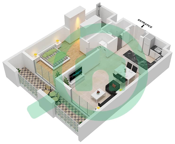 Rove Home Aljada - 1 Bedroom Apartment Type A1 Floor plan interactive3D