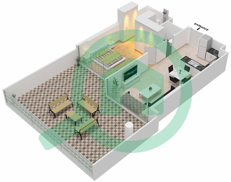 المخططات الطابقية لتصميم النموذج K POOL DECK شقة 1 غرفة نوم - لوريتو 3B Pool Deck interactive3D