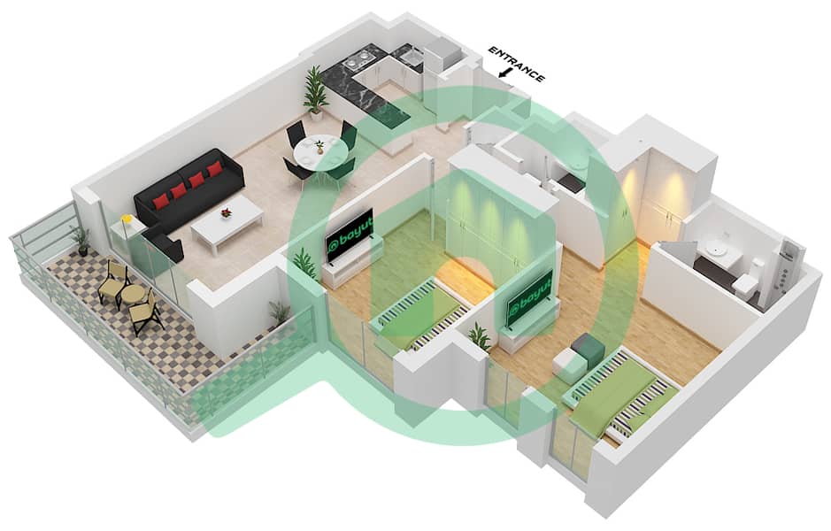 المخططات الطابقية لتصميم النموذج F شقة 2 غرفة نوم - هولاند جاردنز interactive3D