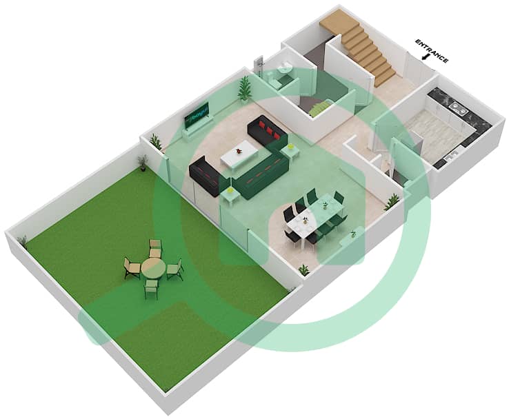 兰花A座 - 2 卧室联排别墅类型D戶型图 Ground Floor interactive3D