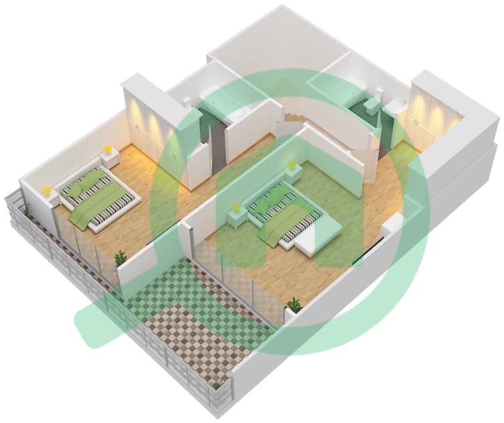 المخططات الطابقية لتصميم النموذج D تاون هاوس 2 غرفة نوم - اوركيد A Podium Floor interactive3D