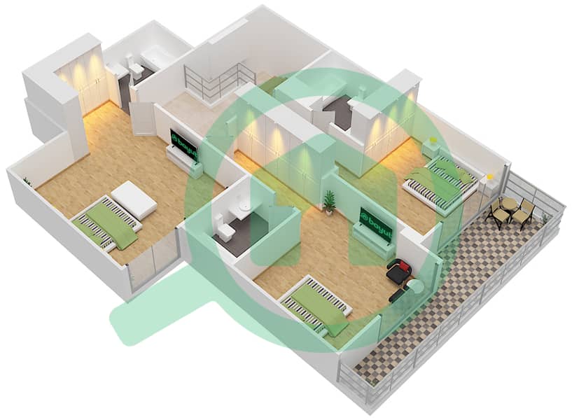 兰花A座 - 3 卧室联排别墅类型H戶型图 Podium Floor interactive3D