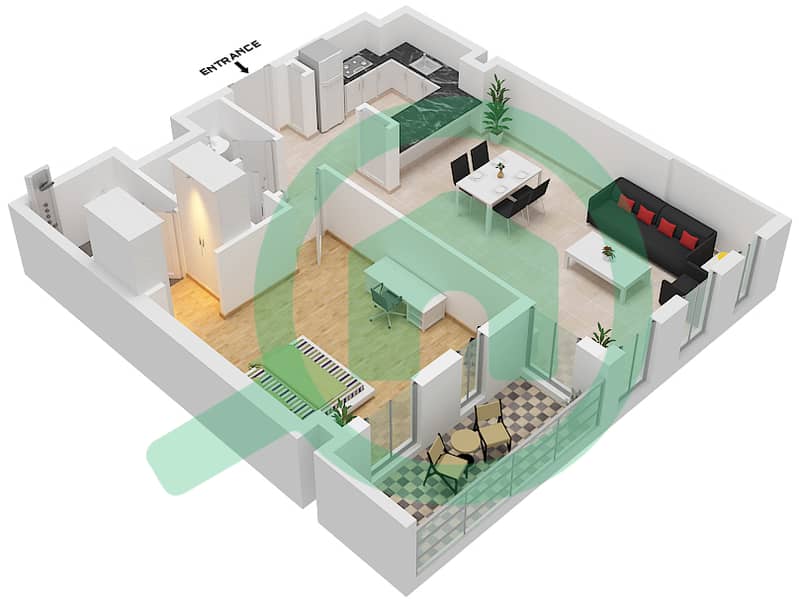 المخططات الطابقية لتصميم النموذج J شقة 1 غرفة نوم - نور 1 interactive3D