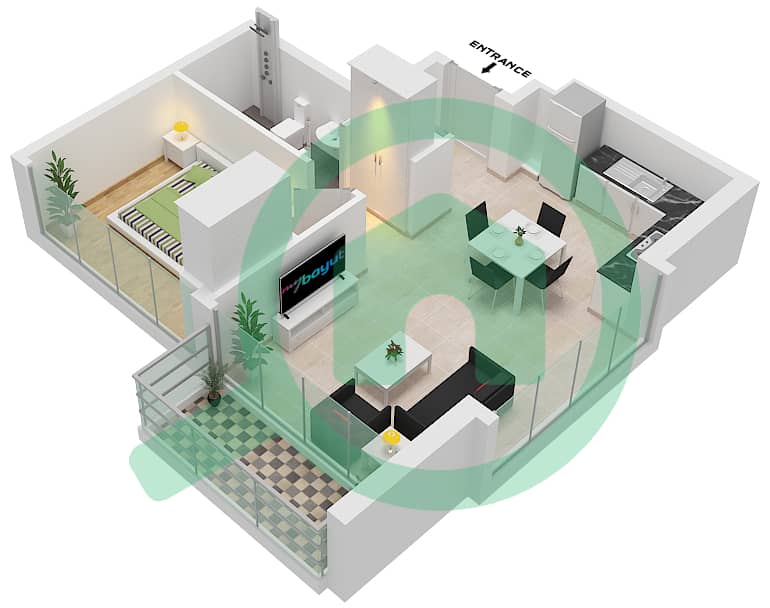Азизи Ривьера 16 - Апартамент 1 Спальня планировка Тип 3B Floor Floor interactive3D