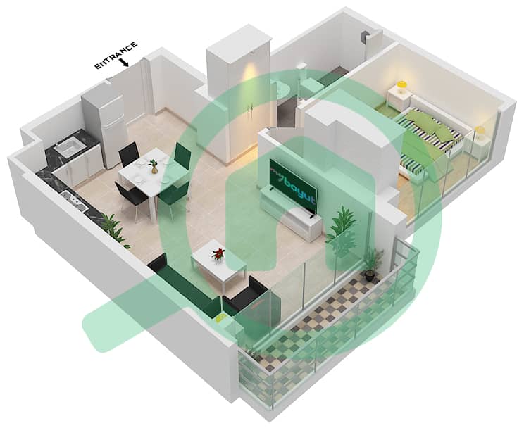 Азизи Ривьера 16 - Апартамент 1 Спальня планировка Тип 1B Floor 2-8 interactive3D