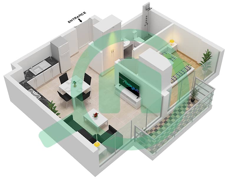 阿齐兹里维埃拉16号楼 - 1 卧室公寓类型2B戶型图 Floor 2-8 interactive3D