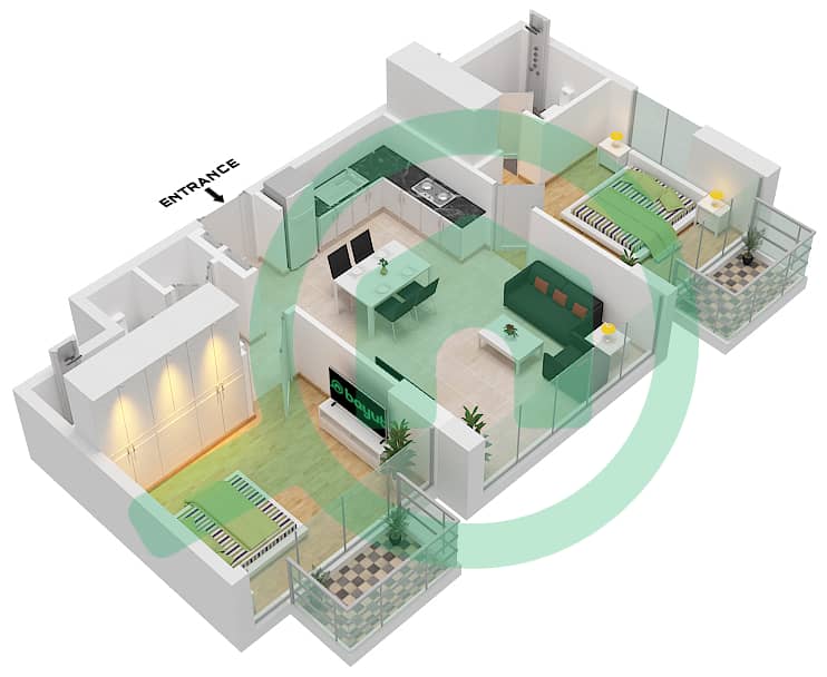 阿齐兹里维埃拉16号楼 - 2 卧室公寓类型1B戶型图 Floor 2-8 interactive3D