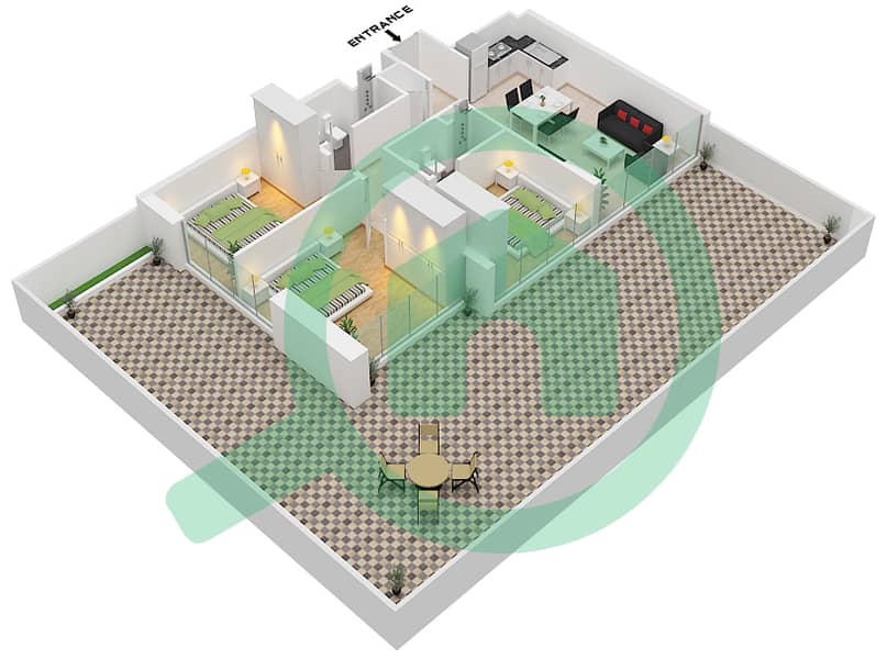 Азизи Ривьера 16 - Апартамент 3 Cпальни планировка Тип 1A First Floor interactive3D