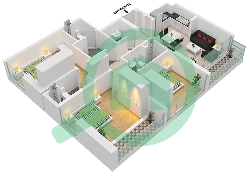 Азизи Ривьера 16 - Апартамент 3 Cпальни планировка Тип 1B Floor 2-8 interactive3D