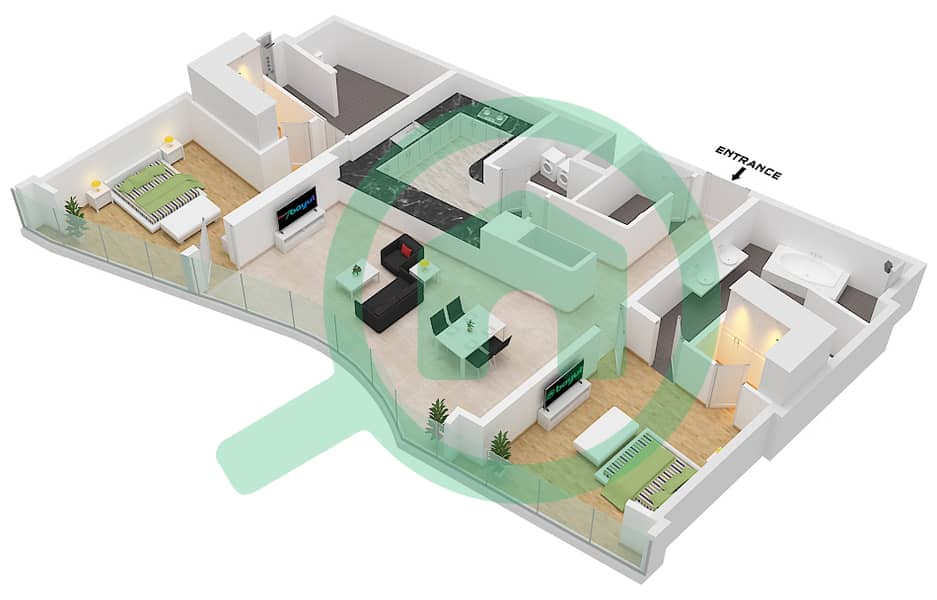 المخططات الطابقية لتصميم النموذج RB-104 شقة 2 غرفة نوم - ذا أوبوس interactive3D