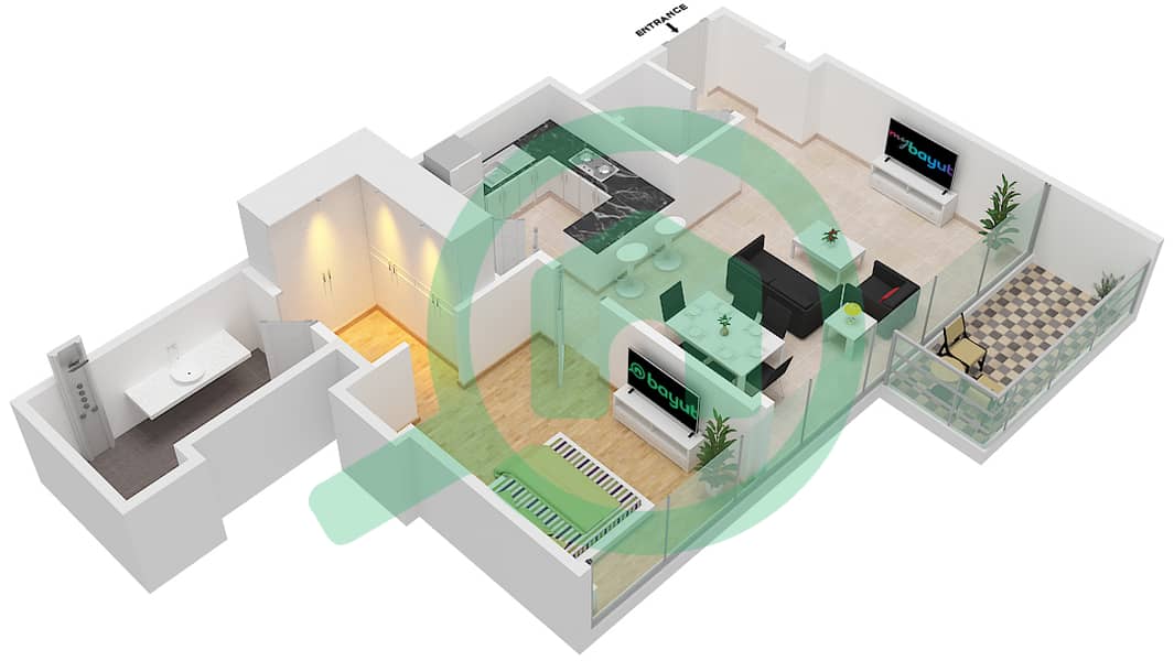 المخططات الطابقية لتصميم النموذج 1D شقة 1 غرفة نوم - بانيان تري ريزيدنسز interactive3D